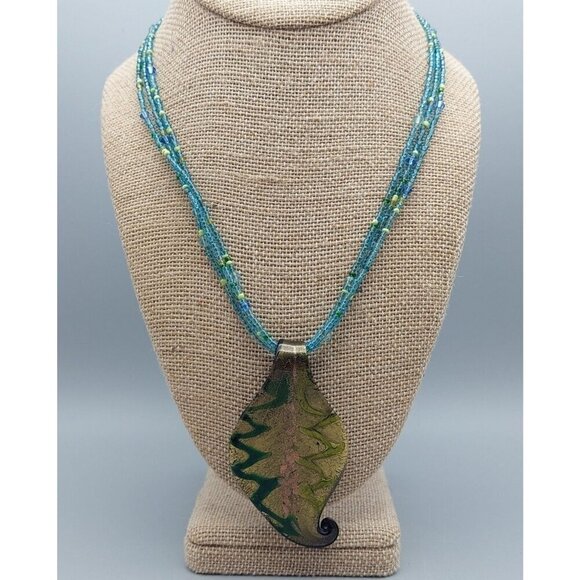 Multi Strand Tiny Blue Glass Seed Bead Necklace Art Glass Gold Foil Pendant 21" - Picture 5 of 7